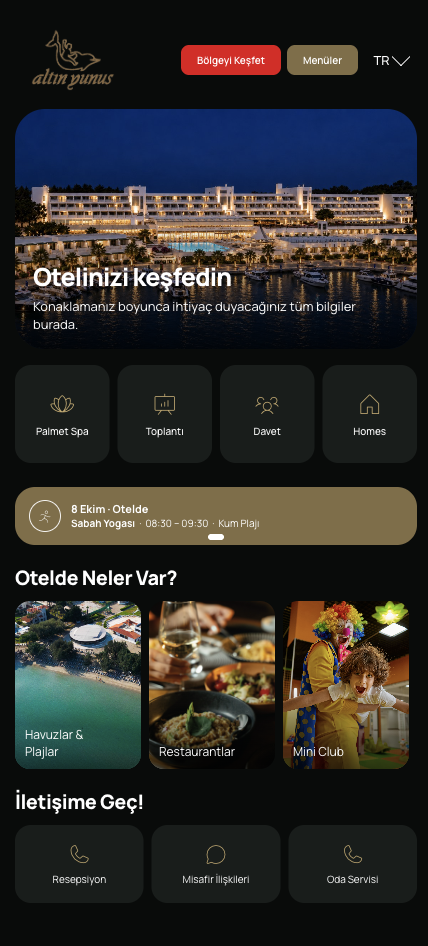 Hostly Hotel misafir uygulaması koyu mod ana sayfası