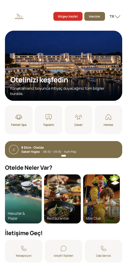 Hostly Hotel misafir uygulaması açık mod ana sayfası